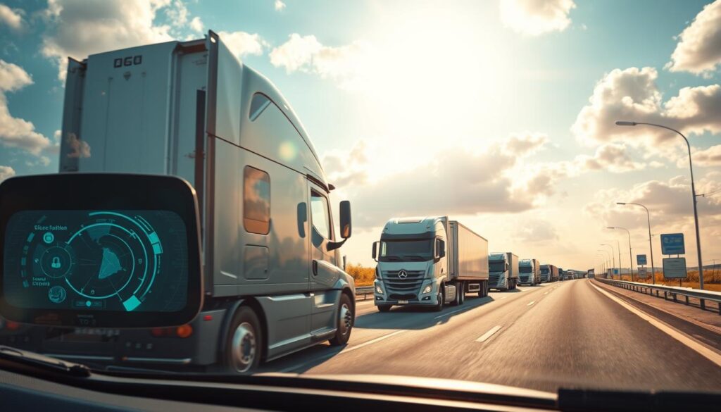 Prominent autonomous trucks navigating a sun-dappled highway, their sleek profiles cutting through the crisp air. In the foreground, a detailed display on the windshield highlights advanced hazard detection capabilities, guiding the vehicle with precision. The middle ground features a fleet of leading freight carriers, their distinctive branding and designs showcased against the backdrop of a vibrant, cloud-swept sky. The scene exudes a sense of technological prowess and the steady progress towards a future of fully autonomous freight transportation.