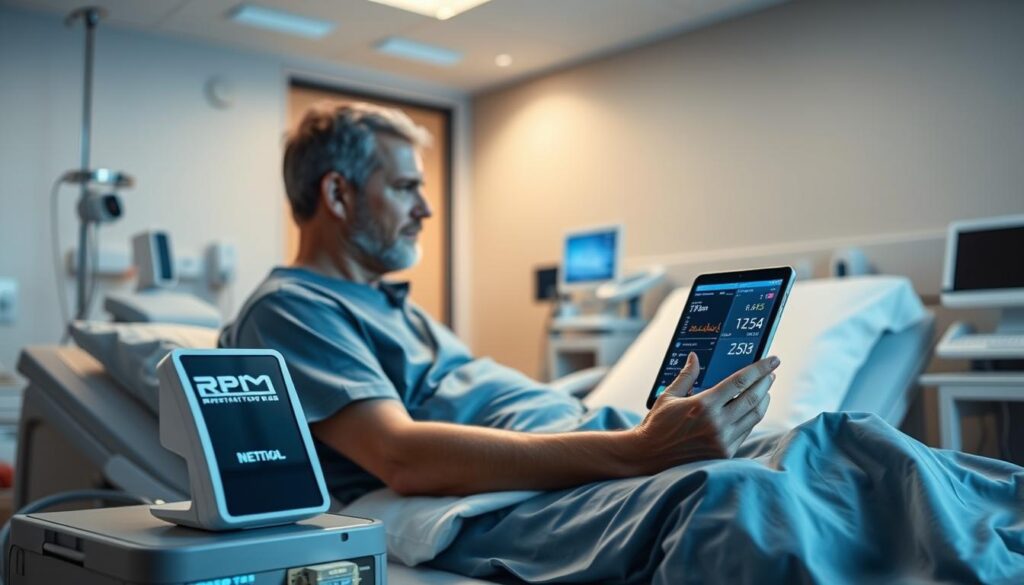 Prompt A modern, well-lit hospital room with a patient sitting upright in bed, intently focused on a tablet displaying a remote patient monitoring (RPM) app. Beside the bed, a sleek medical device monitors the patient's vital signs, the readings displayed on a digital screen. The room is bathed in a calming, neutral color palette, with soft lighting illuminating the scene. In the background, subtle medical equipment and monitors suggest the setting, while maintaining a sense of tranquility. The composition emphasizes the patient's engagement with the RPM technology, conveying the importance of continuous health monitoring for managing chronic conditions.