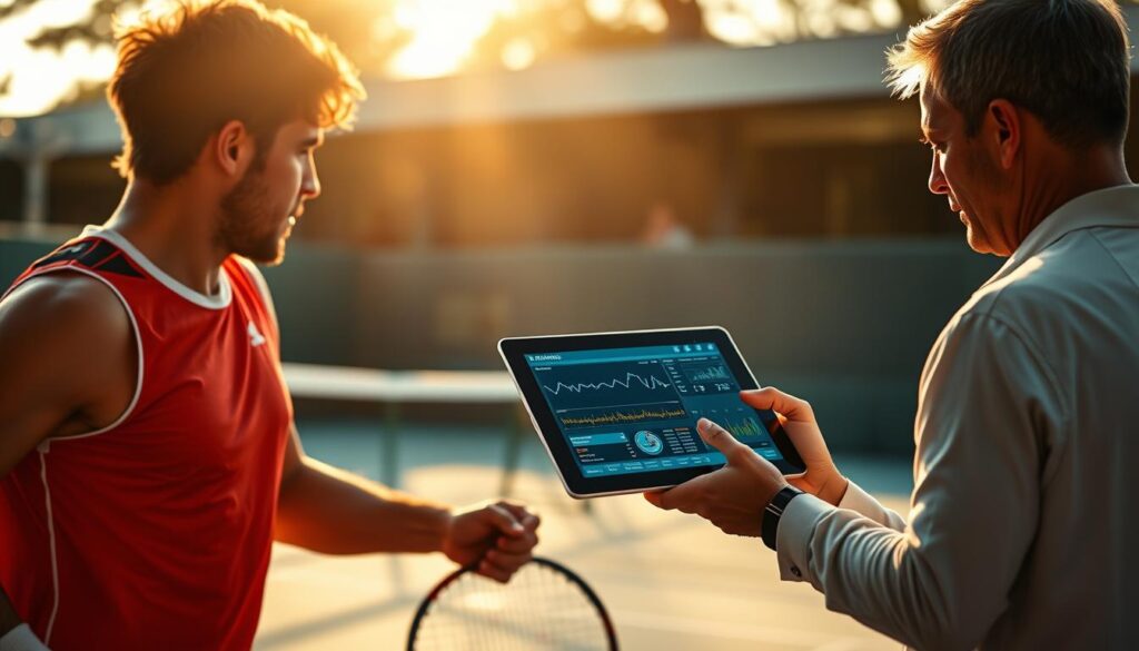 Real Image of A professional tennis match captured in a dynamic, data-driven moment. In the foreground, two players engage in an intense rally, their movements tracked by GPS sensors embedded in their uniforms. The coach, standing on the sideline, intently studies a tablet displaying live analytics - a tapestry of lines, charts, and insights that inform their strategic decisions. The court is bathed in warm, golden light, creating a sense of energy and focus. The background blurs, drawing the viewer's attention to the fusion of physical performance and digital intelligence that powers modern sports coaching.