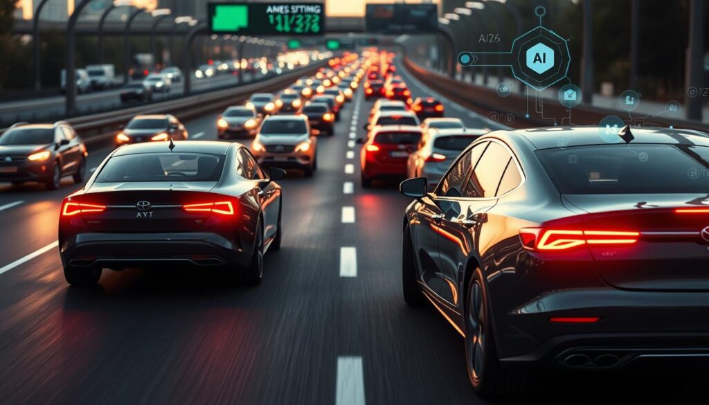 Sleek autonomous vehicles navigating a bustling highway in the year 2025, their advanced AI systems scanning the environment for potential hazards. A high-tech overlay displays real-time data, highlighting road conditions, obstacles, and hazards detected by an intricate network of IoT sensors. The scene exudes a sense of futuristic efficiency and safety, with the cars seamlessly merging and maneuvering through traffic, guided by the intelligent integration of AI and IoT technologies. Crisp, high-definition rendering, with a cinematic depth of field and dramatic lighting, captures the dynamic and cutting-edge nature of this vision for the future of transportation.