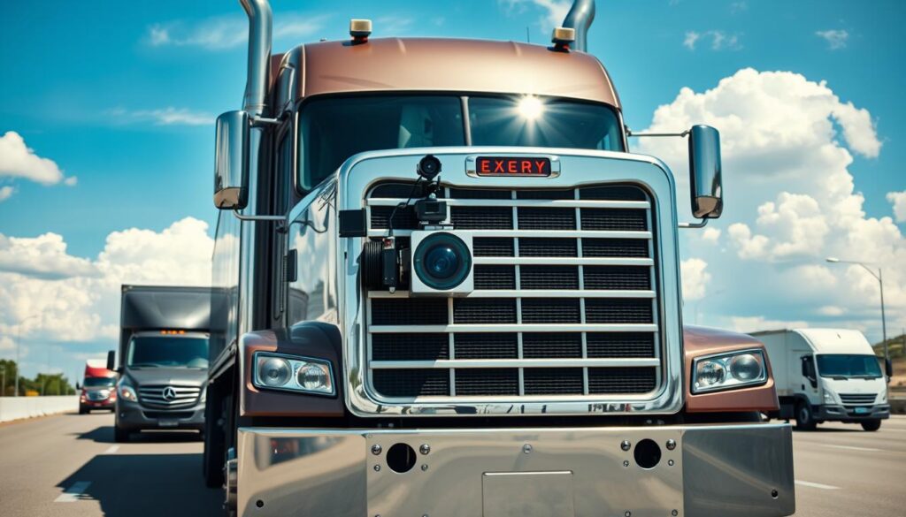 sensors radar cameras on the front of a large autonomous semi-truck, mounted on the bumper and grille, with a high-tech array of lidar, cameras, and radar sensors to detect obstacles and hazards in the road ahead. The sensors are highlighted against a bright, sunny sky with fluffy white clouds, the truck is driving on a highway with other vehicles in the background. The sensor array is the focal point, conveying a sense of advanced safety and collision avoidance technology at the core of autonomous trucking. sensors radar cameras on the front of a large autonomous semi-truck, mounted on the bumper and grille, with a high-tech array of lidar, cameras, and radar sensors to detect obstacles and hazards in the road ahead. The sensors are highlighted against a bright, sunny sky with fluffy white clouds, the truck is driving on a highway with other vehicles in the background. The sensor array is the focal point, conveying a sense of advanced safety and collision avoidance technology at the core of autonomous trucking.