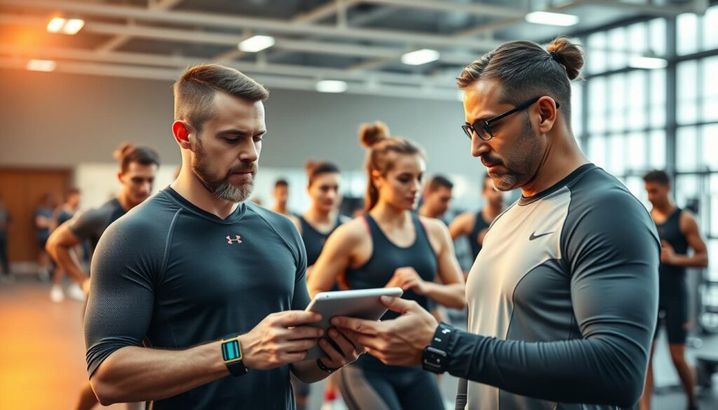 A bustling sports training facility, with athletes clad in sleek, high-tech activewear, their every movement and vital sign meticulously tracked by an array of wearable sensors. In the foreground, a dedicated coach intently monitors a tablet, analyzing real-time data on the team's health and performance metrics. The bright, modern lighting casts a warm, energetic glow, while the background reveals a state-of-the-art gymnasium, filled with cutting-edge fitness equipment and a sense of forward-thinking innovation. This scene captures the future of injury prevention and athlete care, where smart sports IoT solutions empower coaches to optimize training and safeguard the well-being of their team.