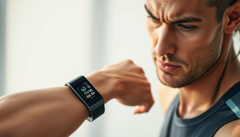A close-up photograph of a runner's arm adorned with a sleek fitness tracker and smartwatch, data streams flowing across their digital displays. The athlete's face radiates concentration as they monitor their recovery metrics, brow furrowed with determination. Soft, directional lighting illuminates the scene, casting subtle shadows that accentuate the wearable's form and the runner's focused expression. The background is blurred, keeping the viewer's attention squarely on the recovery data and the athlete's dedication to optimizing their performance.