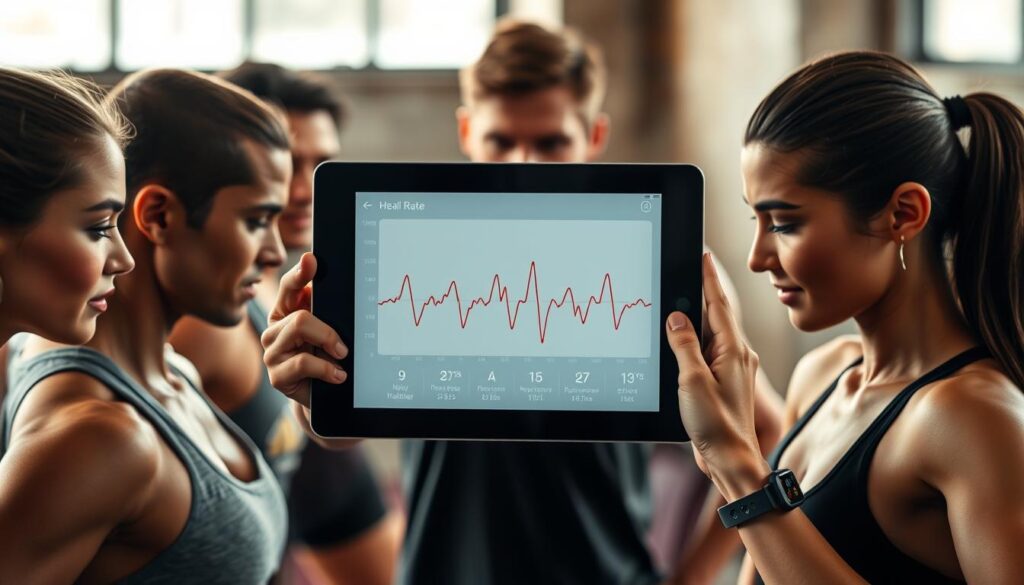 A close-up view of a tablet screen displaying real-time heart rate data, surrounded by athletes wearing fitness trackers during an intense training session. The screen shows a clean, intuitive interface with a prominent heart rate graph, highlighting the vital information needed for injury prevention and health monitoring. The athletes, clad in activewear, are engaged in their workouts, their expressions focused and determined. The scene is bathed in a warm, natural lighting, creating a sense of purpose and professionalism. The overall composition emphasizes the importance of data-driven insights in optimizing athletic performance and well-being.