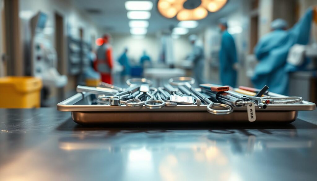 A crisp, clean photograph of a hospital tray filled with various RFID-tagged surgical tools and equipment. The tray is placed on a stainless steel table, bathed in the warm, diffused lighting of the hospital environment. The RFID tags on the instruments are clearly visible, glinting subtly under the light. In the background, a blurred view of the bustling hospital activity, conveying the important role RFID plays in asset tracking and inventory management to reduce lost or misplaced medical equipment. The scene exudes a sense of efficiency, organization and patient safety.