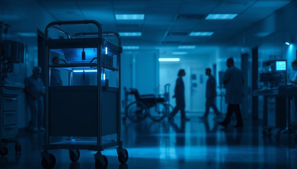 A dimly lit hospital ward, filled with the soft glow of medical equipment. In the foreground, a medical cart stands prominently, adorned with Bluetooth Low Energy (BLE) tags that track its location and movement. The tags emit a subtle blue light, casting an ethereal glow across the scene. In the middle ground, various other hospital assets - IV stands, wheelchairs, and monitoring devices - are also outfitted with BLE tags, their positions meticulously logged by the asset tracking system. The background is hazy, with the silhouettes of hospital staff moving about, their focus on delivering exceptional patient care. The overall mood is one of efficiency, order, and the critical importance of modern asset tracking in the fast-paced world of healthcare.