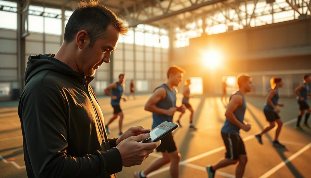 A dynamic sports training facility, bathed in warm hues of golden hour. In the foreground, a coach intently studies a tablet, analyzing real-time data from the wearable devices of their athletes. Nearby, the team is engaged in intense physical activities, their every movement captured by a network of sensors. The middle ground is a seamless blend of technology and human performance, where insights gleaned from the data drive tailored training and injury prevention strategies. The background hints at a future where AI and machine learning empower smart sports solutions, turning raw information into actionable decisions that optimize athlete wellbeing and unlock their full potential.