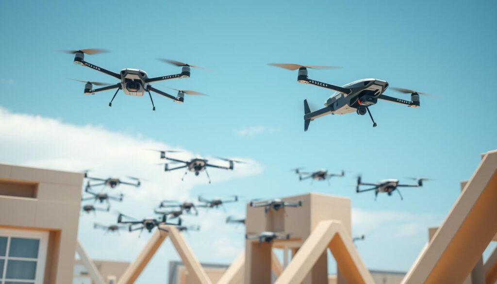 A fleet of cutting-edge cargo drones, their sleek frames gliding through a vibrant blue sky, expertly navigating a complex obstacle course of geometric shapes and architectural elements. Powerful AI-driven collision avoidance systems guide their movements, sensors scanning the environment in real-time. The drones' angular silhouettes are highlighted by natural, diffused sunlight, casting dynamic shadows that accentuate their agile maneuvers. The scene exudes a sense of technological prowess and precision, reflecting the advancements in airborne logistics and autonomous aerial systems.