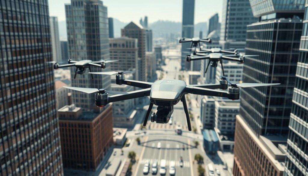 A fleet of sleek, AI-powered delivery drones soar over a bustling cityscape, their streamlined frames cutting gracefully through the crisp, natural daylight. The drones, each carrying a neatly packaged parcel, glide effortlessly between towering skyscrapers and along wide avenues, a testament to the cutting-edge technology transforming the last-mile logistics landscape. Captured from a wide-angle perspective, the scene conveys a sense of precision, efficiency, and the future of autonomous parcel delivery.