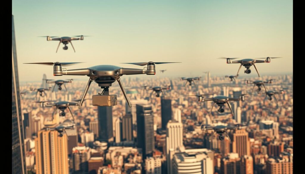 A fleet of sleek, futuristic delivery drones soaring gracefully over a bustling cityscape, their streamlined bodies glinting in the warm natural light. In the foreground, a drone carefully lowers a package into the waiting hands of a recipient, showcasing the precision and efficiency of this cutting-edge technology. The midground is filled with a diverse array of drones, each navigating the urban landscape with ease, while the background reveals a sprawling metropolis, hinting at the widespread adoption of this innovative last-mile logistics solution. The scene exudes a sense of modern progress and the seamless integration of AI-powered automation into our daily lives.