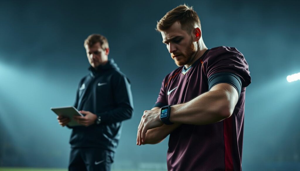 A football player standing on a dimly lit field, wearing a smart wristband that displays real-time injury risk data. In the background, a coach reviews the information on a tablet, a furrowed brow indicating their concern. Soft, dramatic lighting casts shadows across the scene, emphasizing the tension and urgency of the moment. The player's expression is one of focus and determination, aware of the potential risks they face. The image conveys the importance of AI-powered injury prediction and IoT technology in modern sports, where the well-being of athletes is paramount. A football player standing on a dimly lit field, wearing a smart wristband that displays real-time injury risk data. In the background, a coach reviews the information on a tablet, a furrowed brow indicating their concern. Soft, dramatic lighting casts shadows across the scene, emphasizing the tension and urgency of the moment. The player's expression is one of focus and determination, aware of the potential risks they face. The image conveys the importance of AI-powered injury prediction and IoT technology in modern sports, where the well-being of athletes is paramount.