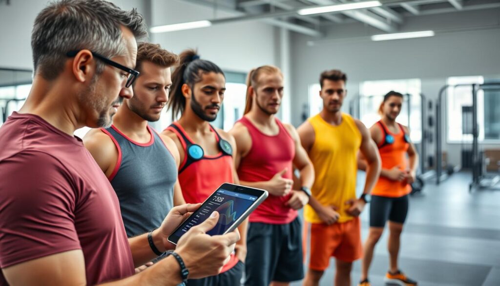 A group of professional athletes in a sports training facility, wearing various wearable devices that track their vital signs, movement, and recovery data. In the foreground, a coach intently monitors the team's health metrics on a sleek tablet device, using cutting-edge AI-powered software to optimize their training and injury prevention strategies. The middle ground features the athletes, clad in vibrant activewear, with a range of smartwatches, fitness trackers, and sensor-embedded garments seamlessly integrated into their workout routine. The background showcases the modern, well-equipped gym setting, with state-of-the-art equipment and a clean, minimalist aesthetic. The overall scene conveys a sense of high-tech efficiency, personalized healthcare, and a holistic approach to athlete wellness and performance.