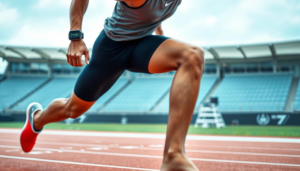 A high-resolution, detailed image of a professional sprinter in sleek sportswear, wearing a compact smartwatch and a slim, unobtrusive armband sensor. The athlete is mid-stride, captured in sharp focus, against a blurred background of a modern sports facility with track markings and spectator stands. The watch and armband display real-time biometric data, highlighting the benefits of wearable technology in monitoring athlete health and performance during training and competition.