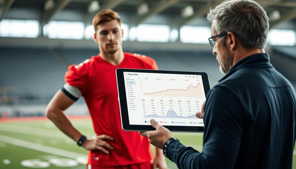 A high-resolution photograph of a football player wearing a smart wristband, with a coach reviewing injury risk data on a tablet in the background. The player is standing on a well-lit sports field, with a blurred, out-of-focus background that suggests a professional training facility. The coach's tablet displays a detailed graph or visualization, showcasing the various metrics and criteria used to assess the player's injury risk profile. The overall scene conveys a sense of scientific analysis and data-driven decision-making in the world of sports injury prediction. A high-resolution photograph of a football player wearing a smart wristband, with a coach reviewing injury risk data on a tablet in the background. The player is standing on a well-lit sports field, with a blurred, out-of-focus background that suggests a professional training facility. The coach's tablet displays a detailed graph or visualization, showcasing the various metrics and criteria used to assess the player's injury risk profile. The overall scene conveys a sense of scientific analysis and data-driven decision-making in the world of sports injury prediction.
