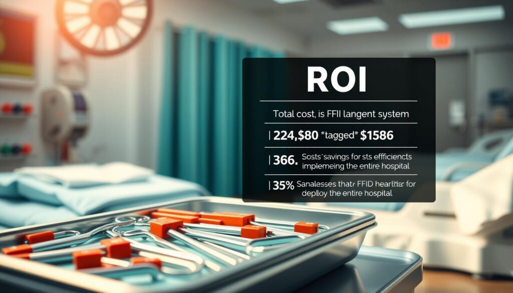 A high-resolution, photorealistic image depicting a hospital ward, with a prominent display showing a detailed breakdown of the total cost and return on investment (ROI) for implementing an RFID asset tracking system. The foreground features a neatly organized hospital tray with various RFID-tagged surgical tools, illustrating the practical application of the technology. The middle ground showcases the ROI analysis, with clear visualizations of cost savings, efficiency improvements, and the scalable benefits of deploying the system across the entire hospital. The background sets a serene, well-lit hospital environment, conveying a sense of professionalism and attention to detail in the asset management process.
