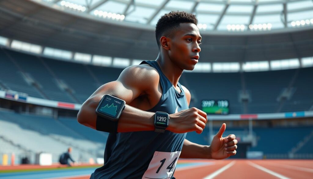 A high-resolution, photorealistic image of a sprinter in a sports stadium, wearing a futuristic-looking wearable armband and smartwatch that display real-time biometric data and fitness analytics. The athlete is mid-stride, with a determined expression, surrounded by a vibrant, technologically-advanced environment. The background features a panoramic view of the stadium, with stadium seating, scoreboard, and other IoT-enabled sports equipment visible. The lighting is crisp and natural, capturing the energy and dynamism of the scene. The overall mood is one of innovation, performance, and the integration of cutting-edge technology into the world of sports.