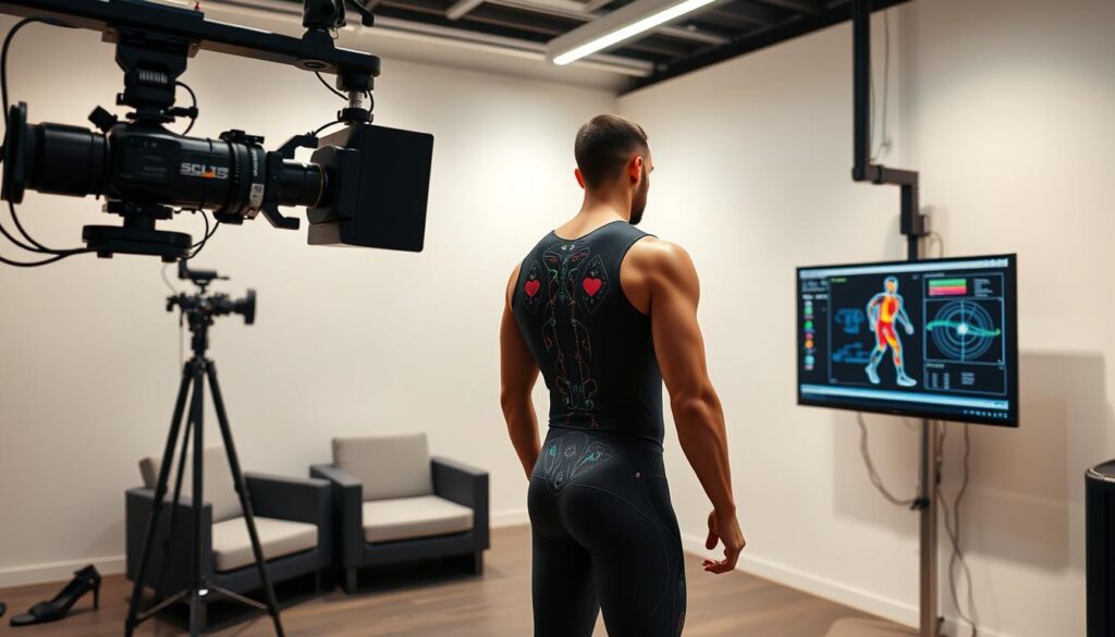 A high-tech biomechanics lab with advanced motion capture cameras and sensors monitoring a professional athlete's movements. The athlete is wearing a sleek, black bodysuit with embedded sensors that track joint angles, muscle activity, and overall fatigue levels. On the nearby monitor, a detailed 3D visualization of the athlete's body displays real-time biomechanics data, including heart rate, respiratory patterns, and predicted injury risk. The lab has a clean, modern aesthetic with stark white walls, minimalist furniture, and warm, focused lighting that highlights the athlete's form and the intricate instrumentation. An atmosphere of precision, innovation, and athlete-centric care pervades the scene.