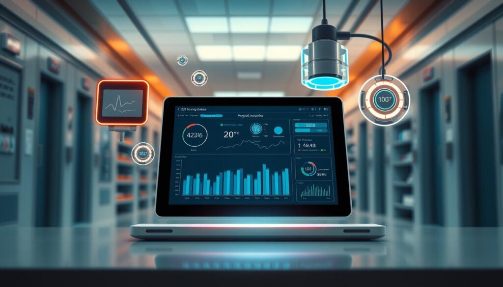 A high-tech hospital inventory management system, featuring a sleek tablet dashboard displaying real-time sensor data. Crisp, clean lines and modern industrial design elements create a sense of efficiency and innovation. Glowing IoT devices and data visualizations hover in the foreground, while the background showcases a hospital environment with subtle, muted tones. Warm, diffused lighting casts an inviting, futuristic glow, emphasizing the seamless integration of technology and healthcare. The overall scene conveys the power of IoT and AI in revolutionizing inventory tracking and optimization within the modern U.S. hospital setting.