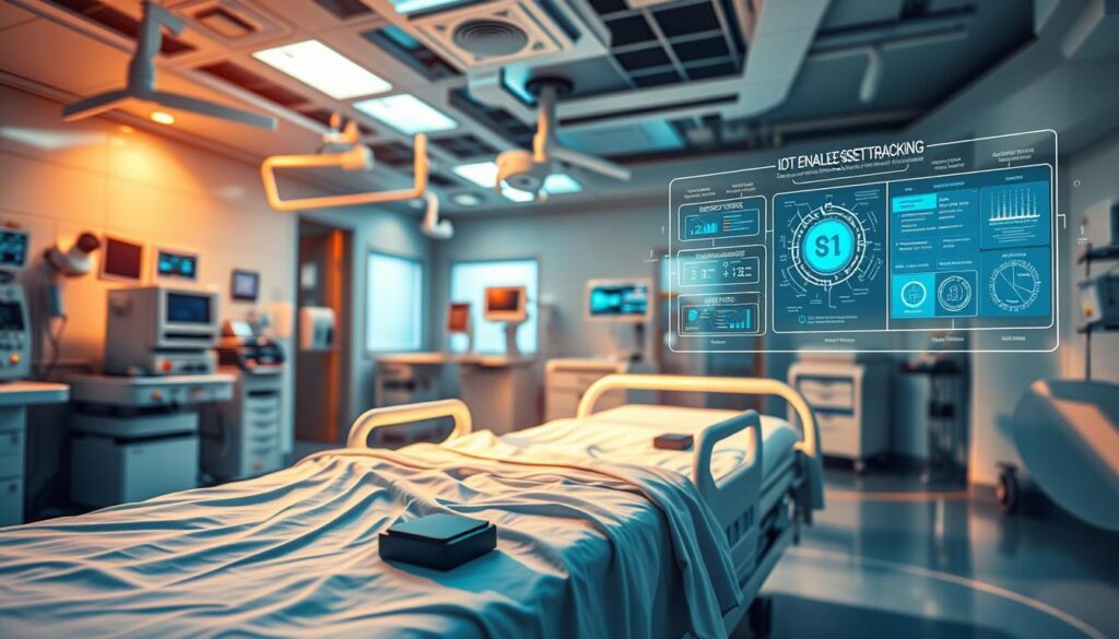 A high-tech medical facility, bathed in a warm, clinical glow. In the foreground, a hospital bed with smart sensors and tracking devices, monitoring the real-time location and status of critical equipment. In the middle ground, a network of connected devices and a central dashboard, visualizing data streams from across the hospital. In the background, a holographic display showcasing the principles of IoT-enabled asset tracking, with technical schematics and data visualizations. The scene conveys a sense of advanced, seamless healthcare technology, where every asset is accounted for and optimized for patient care.