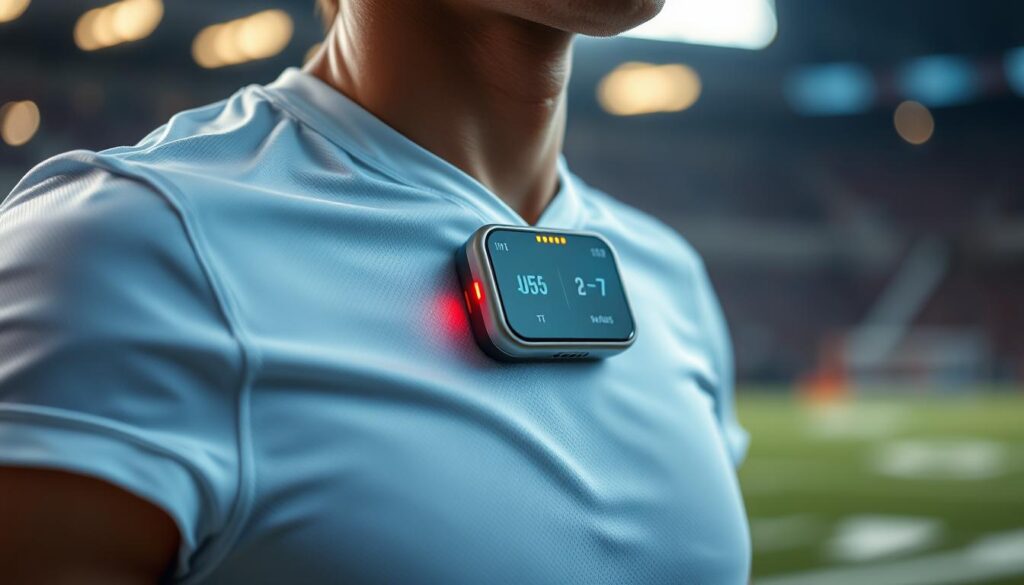 A high-tech wearable device with sensors embedded in a sleek, lightweight band monitors an athlete's movements and impact during intense contact sports. Precise accelerometers and gyroscopes capture every twist, turn, and collision, while integrated biometric trackers monitor vital signs. Illuminated indicator lights flash to signal potential injuries, allowing coaches and trainers to quickly assess and respond. The device's minimalist design blends seamlessly with the athlete's uniform, maintaining a clean, professional appearance on the field. Crisp, detailed textures and a brushed metal finish convey a sense of advanced, cutting-edge technology engineered for elite performance.