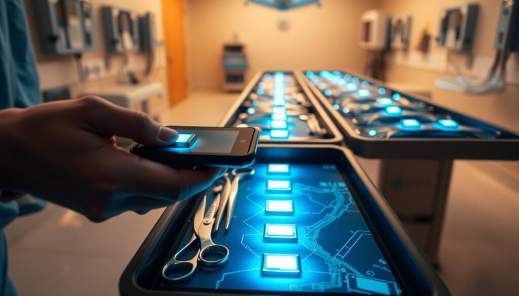 A hospital room filled with surgical tools, each tagged with a glowing RFID chip. A nurse's hand hovers over the tray, scanning the items with a handheld reader. The tools emit a soft blue light, their positions precisely tracked on a digital map displayed on a nearby tablet. The room is bathed in warm, natural lighting, conveying a sense of efficiency and control. The scene demonstrates how RFID technology can help hospitals manage their valuable assets, reducing the risk of lost or misplaced equipment.