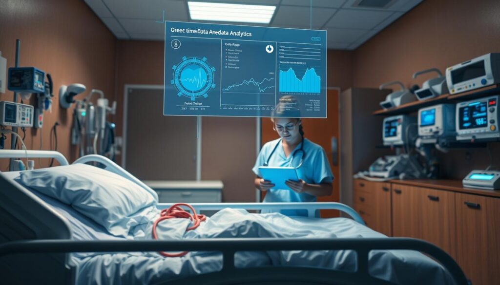 A hospital room interior, dimly lit with warm tones. In the foreground, a hospital bed with medical equipment - IV drip, heart monitor, and various sensors. Hovering above the bed, a holographic display shows real-time data and analytics of the equipment, tracking its status and usage. In the middle ground, a nurse interacts with a tablet, monitoring the asset data. In the background, shelves and cabinets storing more medical devices, their locations and states also visible on the holographic overlay. Soft blue lighting emanates from the displays, creating an atmosphere of sophisticated, connected healthcare technology.