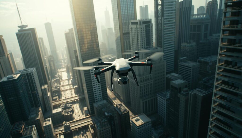 A modern city skyline, towering skyscrapers and dense infrastructure forming an intricate urban canyon. Sunlight filters through the gaps, casting dramatic shadows. A delivery drone hovers, its LiDAR sensors sweeping the scene, mapping the complex environment in real-time. The drone's path is carefully navigated, avoiding obstacles and contested radio frequencies as it deftly maneuvers through the treacherous urban landscape. The image has a cinematic, high-fidelity aesthetic, showcasing the advanced capabilities of LiDAR-guided autonomous flight in challenging conditions.