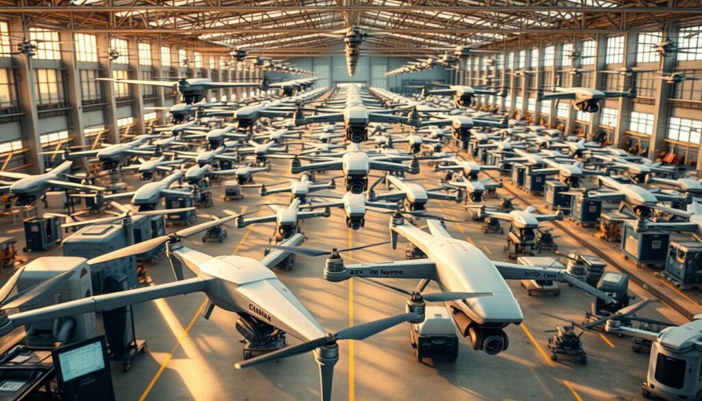 A modern depot filled with an impressive fleet of delivery drones, their sleek, silver bodies hovering gracefully under the warm glow of natural lighting. In the foreground, several drones are meticulously inspected and prepared for their next mission, their intricate components visible on nearby digital monitoring screens. The middle ground is a choreographed dance of drones taking off and landing, their propellers whirring as they navigate the indoor space with precision. In the background, rows of charging stations and maintenance bays suggest the sheer scale of this autonomous air traffic, a testament to the future of smart logistics.