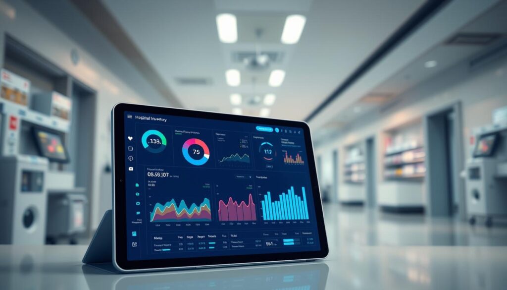 A modern hospital dashboard glows on a sleek tablet display, showcasing real-time data tracking of critical inventory. Vibrant visualizations and intuitive interfaces reveal insightful trends, from medication stocks to medical equipment. Powered by a network of IoT sensors and AI analytics, the system seamlessly monitors and optimizes inventory, ensuring patient care is never compromised. Crisp lighting accentuates the dashboard's clean lines and futuristic aesthetic, conveying the transformative impact of IoT technology on hospital operations and patient outcomes.