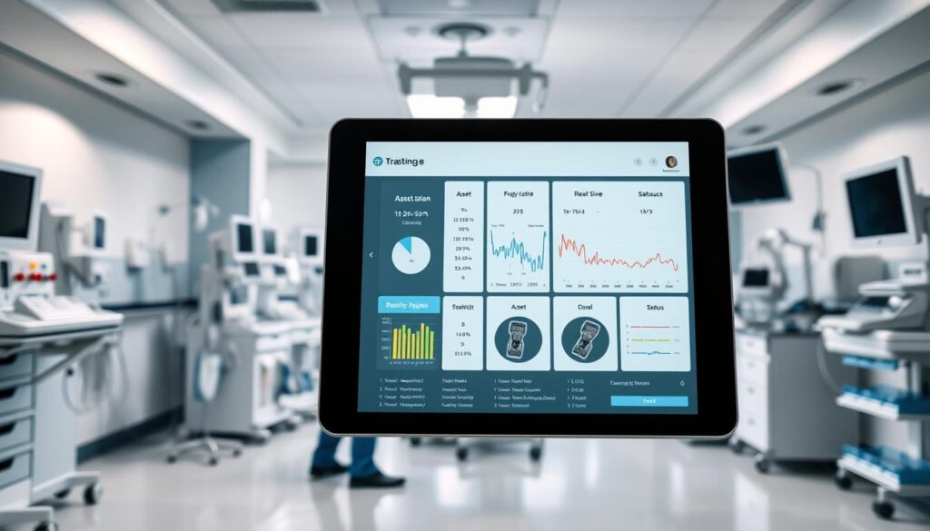 A modern hospital room with a prominently displayed medical equipment tracking system. In the foreground, a tablet interface showcases real-time asset location and status data, with intuitive visualizations. In the middle ground, a group of hospital staff efficiently manage and monitor the equipment through the tracking system. The background features a clean, well-lit room with medical devices and supplies, conveying a sense of organization and technological prowess. The lighting is soft, directional, and emphasizes the technology at the center of the scene. The overall atmosphere is one of efficiency, control, and improved patient care through smart asset management.