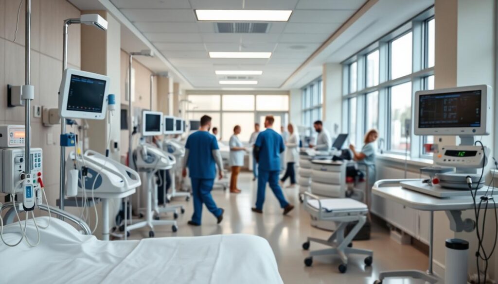 A modern hospital ward filled with various medical equipment, including IV pumps, patient monitors, and medication carts. The foreground features several Bluetooth Low Energy (BLE) asset tracking tags affixed to the equipment, their LED indicators blinking softly. The middle ground shows healthcare staff moving around the ward, engaged in their duties. The background depicts a clean, well-lit environment with large windows providing natural illumination. The overall atmosphere conveys a sense of efficiency, organization, and technology-enabled asset management.