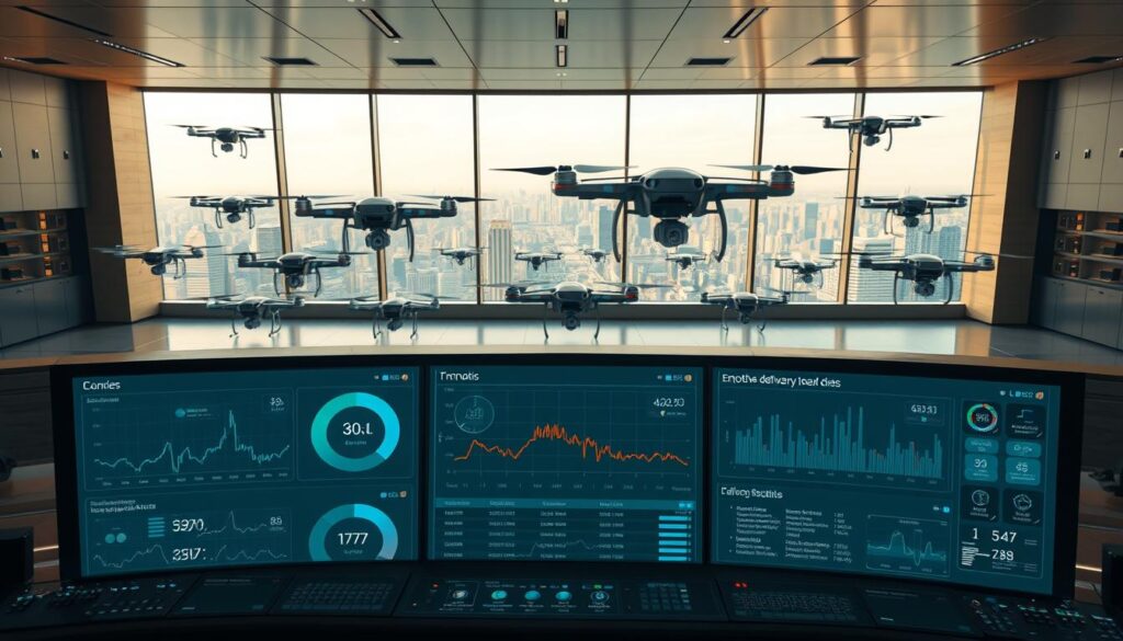A modern, well-lit control center with a massive panoramic display showcasing a fleet of delivery drones. In the foreground, a sleek dashboard interface displays detailed telemetry and over-the-air update statuses for each drone. Sophisticated 3D visualizations depict the real-time progress of remote software patches being seamlessly pushed to the vehicles. The background features an expansive view of the city skyline through floor-to-ceiling windows, suggesting the scale and complexity of the cloud-based fleet management system. The overall mood is one of technological sophistication, efficiency, and control.