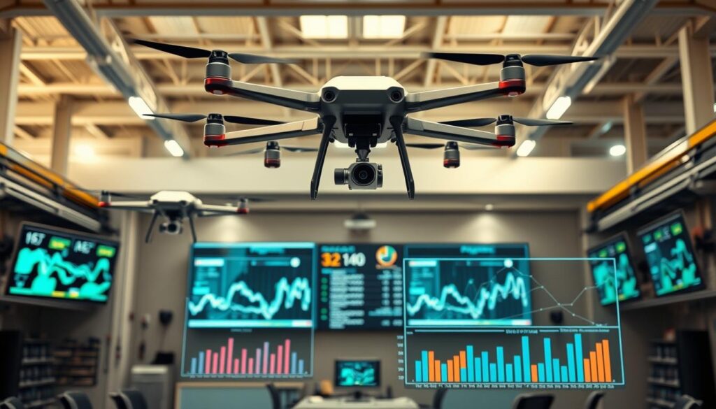 A modern, well-lit depot facility with a fleet of sleek, high-tech delivery drones hovering above a central control room. The drones are outfitted with advanced sensors and monitoring systems, their paths and performance data displayed on large digital screens. In the foreground, a detailed cost analysis model visualizes the operational efficiency and return on investment of the drone fleet, with charts and graphs illuminating the financial data. The overall scene conveys a sense of technological sophistication and data-driven decision making, highlighting the power of cost modeling to optimize logistics operations.