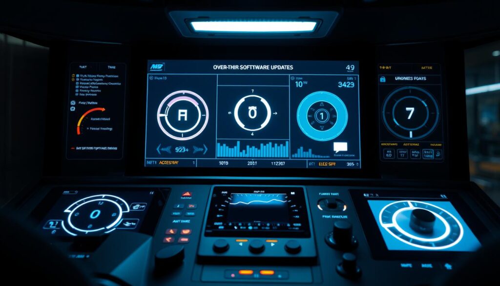 A modern, well-lit drone control dashboard displays a real-time overview of over-the-air software updates. Sleek interfaces and intuitive controls showcase the seamless integration of continuous firmware improvements, ensuring peak efficiency and security for a fleet of delivery drones. The dashboard's crisp displays and subtle ambient lighting convey a sense of technological sophistication, underscoring the crucial role of reliable, up-to-date systems in a hyperconnected future of autonomous logistics.