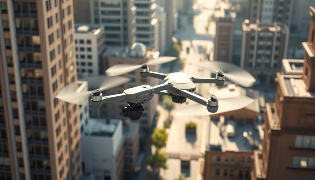 A pair of autonomous cargo drones navigating a complex urban environment, deftly maneuvering around buildings and infrastructure using advanced collision avoidance sensors and AI-powered flight control systems. The drones are bathed in warm, natural daylight, casting dynamic shadows as they weave through the cityscape. The scene conveys a sense of precision, efficiency and the future of safe, intelligent drone logistics operations, highlighting how this technology is reshaping the industry right now.