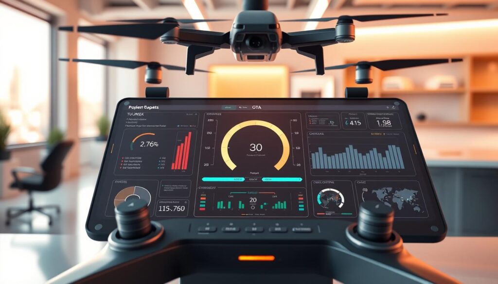 A photorealistic 3D rendering of a sleek, futuristic drone control dashboard, showcasing a robust over-the-air (OTA) software update process. The dashboard displays a detailed progress bar, real-time metrics, and visual indicators, all bathed in the warm glow of a well-lit, modern office environment. Crisp, high-resolution graphics and a clean, minimalist design convey a sense of efficiency and technological sophistication. The scene is captured from a slightly elevated angle, allowing the viewer to appreciate the dashboard's comprehensive data visualization and intuitive user interface, essential for keeping delivery drones secure and operationally efficient.