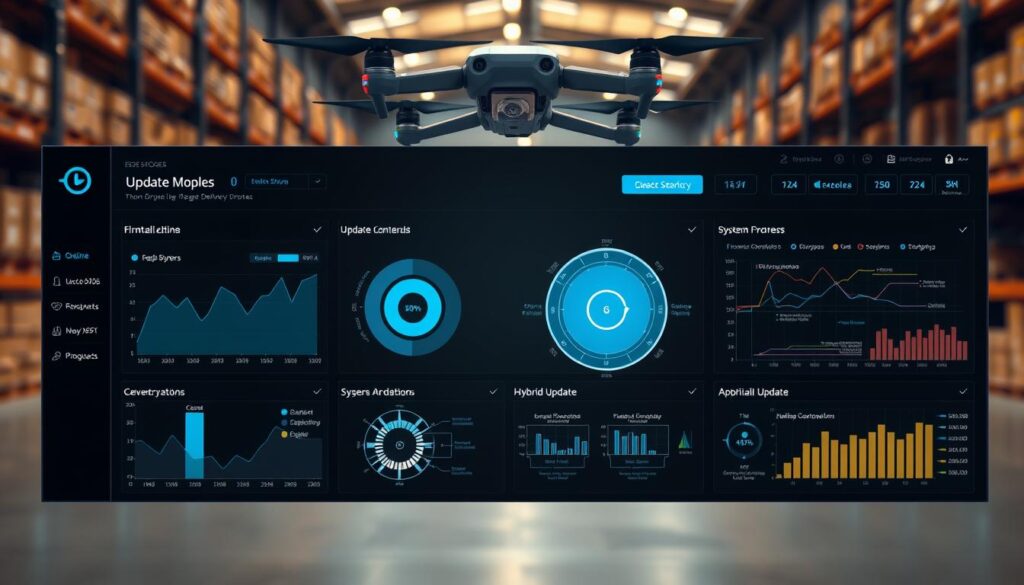 A photorealistic dashboard interface showcasing edge computing update models for drone operations. Sleek, minimalist design with dynamic graphs and data visualizations. The foreground displays real-time metrics on firmware versions, update progress, and system health across a fleet of delivery drones. The middle ground features technical diagrams and schematics detailing centralized, edge-based, and hybrid update architectures. The background subtly hints at an indoor warehouse setting with warm, balanced lighting illuminating the scene. Crisp, high-fidelity rendering with a sense of depth and technical precision.