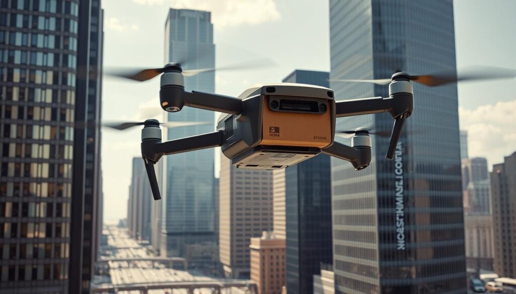 A photorealistic delivery drone hovers over a bustling urban landscape, package box firmly gripped in its advanced robotic claws. Beneath, an intricate web of IoT sensors and cloud-connected infrastructure tracks the drone's every movement, synchronizing its route with real-time traffic data and customer locations. Crisp natural daylight filters through towering skyscrapers, casting dynamic shadows that accentuate the drone's sleek, aerodynamic form. A wide-angle perspective captures the synergy between autonomous technology and last-mile logistics, showcasing the future of AI-powered delivery.