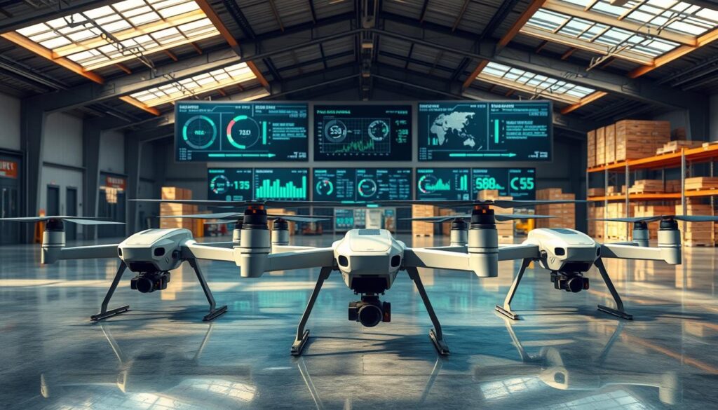 A photorealistic indoor depot scene, bathed in natural light from skylights. In the foreground, a fleet of delivery drones stand ready for launch, their sleek bodies and advanced avionics reflected in the polished concrete floor. In the middle ground, digital monitoring screens display detailed telemetry and route optimization data, guiding the autonomous operations. The background features shelving units and logistical infrastructure, hinting at the scale and complexity of the drone fleet management system. The overall atmosphere conveys a sense of cutting-edge technology, efficiency, and a strategic roadmap towards scaled autonomous logistics.