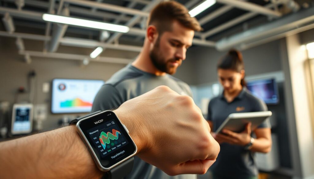 A professional athlete wearing a WHOOP fitness tracker, the screen displaying a detailed HRV (Heart Rate Variability) recovery score. In the foreground, the athlete's wrist is prominently featured, showcasing the sleek wearable device. In the middle ground, a coach or trainer is reviewing the data on a tablet, analyzing the athlete's recovery status and injury risk. The background depicts a well-equipped sports medicine facility, with modern equipment and a clean, clinical atmosphere. The lighting is warm and natural, highlighting the technology and the collaborative nature of the scene. The overall mood conveys a sense of proactive injury prevention and data-driven decision-making in the world of high-performance athletics. A professional athlete wearing a WHOOP fitness tracker, the screen displaying a detailed HRV (Heart Rate Variability) recovery score. In the foreground, the athlete's wrist is prominently featured, showcasing the sleek wearable device. In the middle ground, a coach or trainer is reviewing the data on a tablet, analyzing the athlete's recovery status and injury risk. The background depicts a well-equipped sports medicine facility, with modern equipment and a clean, clinical atmosphere. The lighting is warm and natural, highlighting the technology and the collaborative nature of the scene. The overall mood conveys a sense of proactive injury prevention and data-driven decision-making in the world of high-performance athletics.