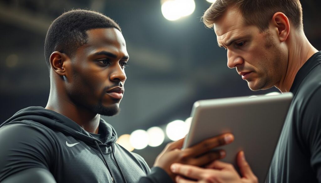 A professional athlete wearing the sleek, titanium Oura Ring stands before a coach reviewing analytics on a tablet. Bright stadium lighting illuminates the scene, casting a warm glow. The athlete's expression is focused, conveying their commitment to optimizing their health and performance. The coach's brow is furrowed as they scrutinize the readiness data, making crucial decisions about the athlete's return-to-train protocol. The background blurs, emphasizing the importance of this moment where sleep-tracking intelligence informs the path to peak condition and injury prevention. A professional athlete wearing the sleek, titanium Oura Ring stands before a coach reviewing analytics on a tablet. Bright stadium lighting illuminates the scene, casting a warm glow. The athlete's expression is focused, conveying their commitment to optimizing their health and performance. The coach's brow is furrowed as they scrutinize the readiness data, making crucial decisions about the athlete's return-to-train protocol. The background blurs, emphasizing the importance of this moment where sleep-tracking intelligence informs the path to peak condition and injury prevention.