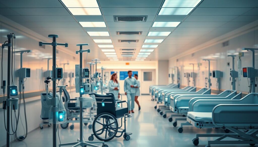 A realistic photo of a modern hospital ward, bathed in warm, diffused lighting from overhead fixtures. In the foreground, various medical equipment such as IV stands, wheelchairs, and gurneys are adorned with small, discreet Bluetooth Low Energy (BLE) asset tracking tags. The tags glow softly, blending seamlessly with the equipment. In the middle ground, healthcare staff move purposefully, monitoring the location and status of assets on a centralized dashboard. The background reveals the clean, sterile environment of the ward, with pristine white walls and floors, and the faint hum of medical machinery. The overall scene conveys a sense of efficiency, organization, and patient-centric care enabled by the hospital's advanced asset tracking system.