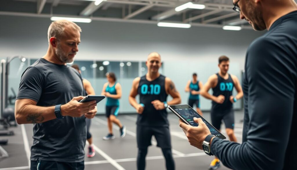 A scene depicting fatigue monitoring in sports training. In the foreground, a coach reviews real-time health metrics on a tablet, closely observing a team of athletes wearing cutting-edge wearable devices. The middle ground shows the athletes engaged in various exercises, their movements tracked by the smart IoT system. The background features a well-equipped sports facility with modern lighting and clean, minimalist design. The overall mood is one of scientific precision and proactive health management, highlighting the key role of data-driven injury prevention and performance optimization in today's elite sports.