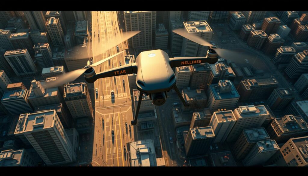 A sprawling metropolis, its streets a web of intersections and alleyways, as a sleek delivery drone soars overhead, its sensors probing the urban landscape. Bathed in golden daylight, the drone's LiDAR beams trace the contours of buildings and infrastructure, mapping the intricate pathways below. From a cinematic angle, we witness the drone's advanced navigation system plotting an efficient course, navigating obstacles and optimizing its trajectory for a seamless delivery. This futuristic scene captures the transformation of drone logistics, where AI-driven flight planning and self-driving capabilities redefine the future of urban transportation.