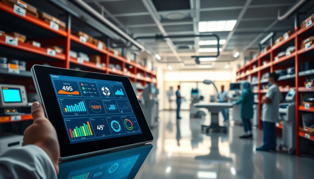 A state-of-the-art hospital inventory management system, showcasing a sleek tablet interface displaying real-time data on various medical devices. The foreground features a close-up of the tablet, its screen illuminated with color-coded icons and graphs tracking inventory levels, asset utilization, and predictive maintenance. The middle ground reveals a bustling hospital setting, with nurses and doctors seamlessly interacting with the connected devices. In the background, a futuristic network of IoT sensors and AI-powered analytics engines work tirelessly to optimize resource allocation and patient care. Crisp lighting and a clean, minimalist aesthetic convey the efficiency and innovation transforming modern hospital operations.