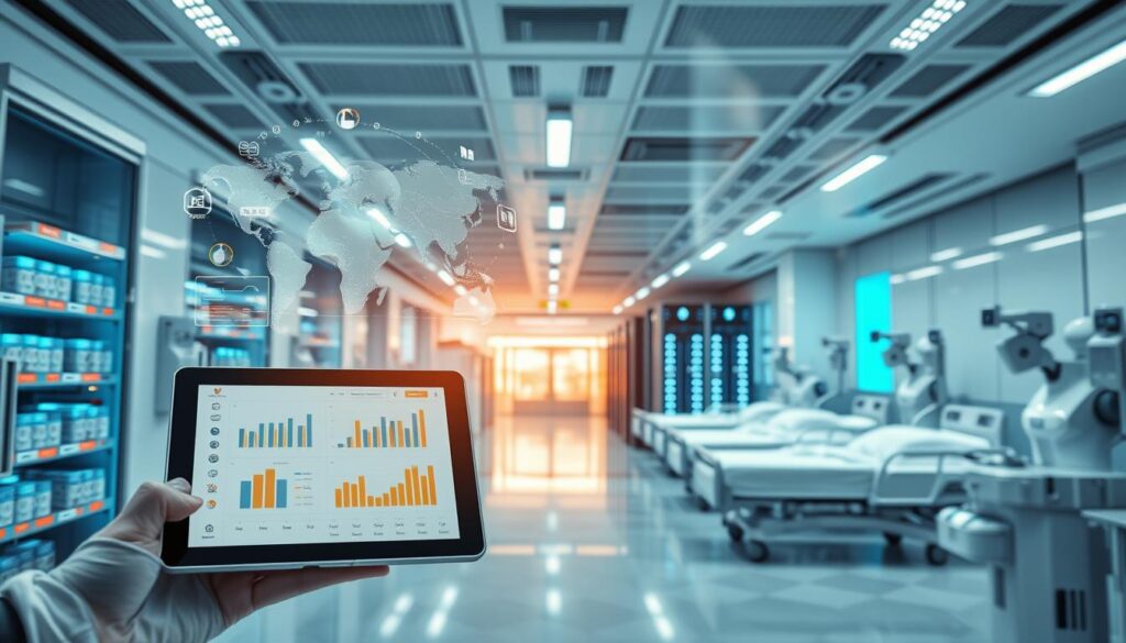 A state-of-the-art smart hospital, its core technologies on vivid display. In the foreground, a sleek tablet displays a real-time inventory dashboard, tracking critical medical assets through an interconnected IoT network. Hovering above, holographic interfaces and AI-powered analytics provide effortless insights, enabling precise stock management. The middle ground features futuristic hospital wards, where smart beds and robotic assistants work in harmony, delivering seamless patient care. In the background, a gleaming network of servers and supercomputers hums, powering the hospital's intelligent systems, a testament to the transformative power of cutting-edge technology. Soft lighting and a serene, minimalist aesthetic create an atmosphere of innovation and efficiency, capturing the essence of the modern, IoT-driven smart hospital.
