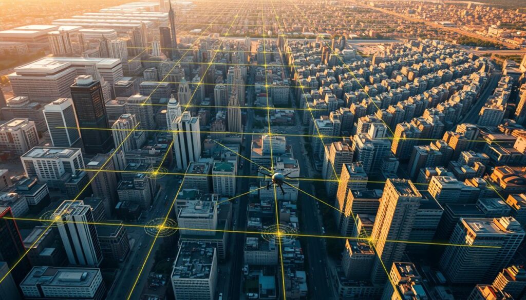 A vast, orderly grid of airspace sectors overlaid on a vibrant cityscape, illuminated by the warm glow of a midday sun. Delivery drones equipped with precision LiDAR sensors navigate this tightly regulated compliance airspace, their beams tracing intricate pathways through the urban canyons. The scene conveys a sense of technological mastery, where cutting-edge autonomy and surveillance systems work in concert to enable safe, efficient aerial navigation. Captured from a cinematic angle, the image emphasizes the scale and complexity of the airspace management challenge, while hinting at the transformative potential of LiDAR-powered drone delivery in the near future.