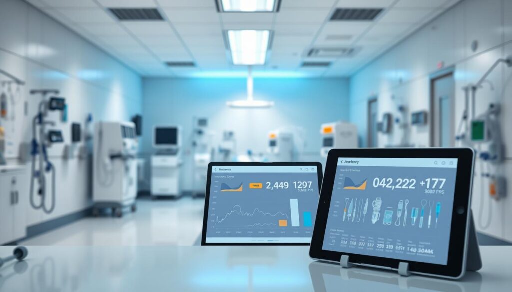 A well-lit hospital room, pristine and organized, with medical equipment neatly arranged. In the foreground, a tablet displays a comprehensive asset dashboard, showcasing real-time inventory levels and supply chain data. The middle ground features a variety of essential hospital items, including IV drips, diagnostic tools, and sterilized surgical kits, all meticulously tracked and monitored by IoT sensors. The background subtly hints at the advanced AI algorithms powering the smart healthcare supply chain, with a soft, blue-tinged lighting that evokes a sense of technological sophistication. The overall scene conveys a harmonious blend of cutting-edge technology and efficient, patient-centric medical care.
