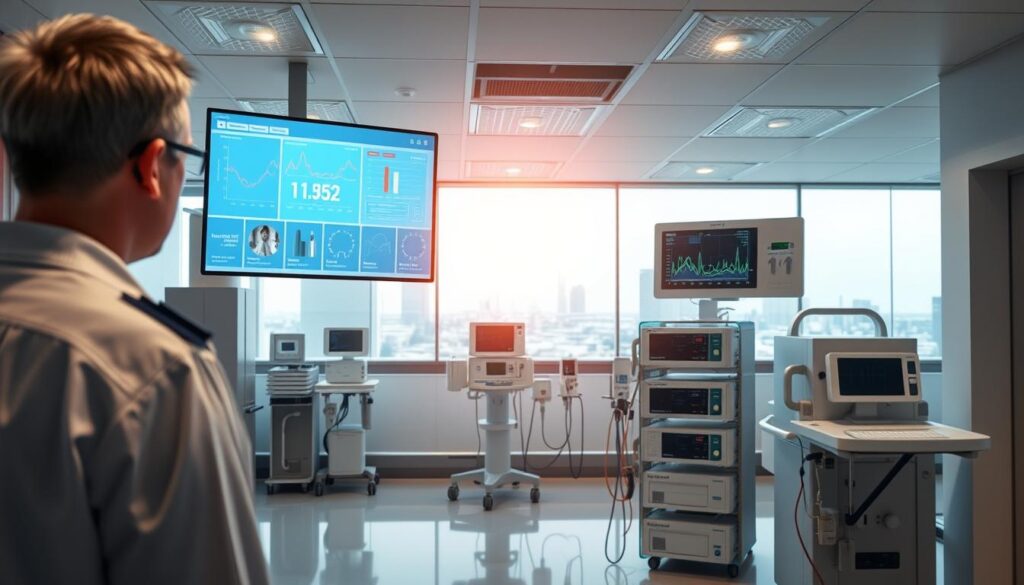 A well-lit hospital room, with a focus on a medical equipment tracking system. In the foreground, a technician monitors a digital dashboard displaying real-time location and status data for various hospital assets. The middle ground features a rack of medical devices, each equipped with RFID tags, seamlessly integrated into the tracking system. The background showcases a panoramic view of the hospital, conveying a sense of scale and the importance of efficient asset management. The lighting is warm and inviting, creating a professional and innovative atmosphere. The overall composition emphasizes the integration of IoT technology into hospital operations, enhancing visibility and control over critical medical equipment.