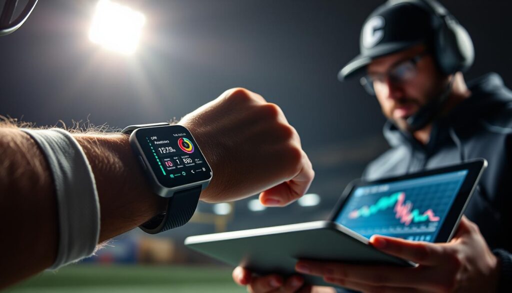 An immersive close-up photograph of a football player's wrist, showcasing a sleek GPS-enabled wearable device from Catapult Sports. The device's display illuminates with vibrant visualizations, displaying real-time data on athlete load, training metrics, and risk analysis. In the background, a coach intently reviews this data on a high-resolution tablet, leveraging machine learning insights to optimize the player's training regimen and prevent potential injuries. Dramatic lighting emphasizes the technical sophistication of the setup, creating a sense of futuristic sports science at work. An immersive close-up photograph of a football player's wrist, showcasing a sleek GPS-enabled wearable device from Catapult Sports. The device's display illuminates with vibrant visualizations, displaying real-time data on athlete load, training metrics, and risk analysis. In the background, a coach intently reviews this data on a high-resolution tablet, leveraging machine learning insights to optimize the player's training regimen and prevent potential injuries. Dramatic lighting emphasizes the technical sophistication of the setup, creating a sense of futuristic sports science at work.